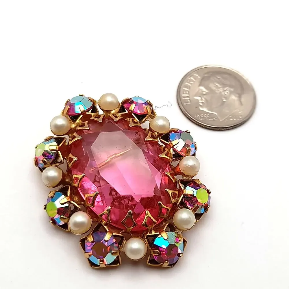 Vintage Signed JEWEL Pink Glass Brooch, Aurora Borealis Rhinestones, Faux Pearls